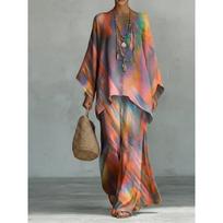 1116 Naujas retro bohemiškas anakardžio gėlių komplektas, apvalios apykaklės prailgintų rankovių viršus + dviejų dalių plačios kelnės. L brown