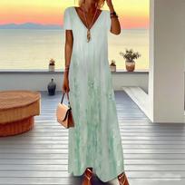 Women Plus Size V Neck Short Sleeve Maxi Dress Colorful Abstract Geometric Art Print Loose Summer Beach Long Dress 6XL beige