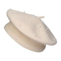 Kids Pearl Decor Beret Hat, Girls French Style Wool Painter Beret, Autumn Winter Warm Beanie Cap for 2‑6 Years Old, Head Circumference 48‑53cm One size white