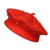 Kids Pearl Decor Beret Hat, Girls French Style Wool Painter Beret, Autumn Winter Warm Beanie Cap for 2‑6 Years Old, Head Circumference 48‑53cm One size red