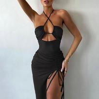 Vasaros Juoda Seksuali Vakarėlio Ilga Suknelė Moterims Elegantiška Berankovė Tuščiavidurė Liekninanti Suknelė Mada Suvarstoma Paaukštinta Gatvės Drabužiai S juoda