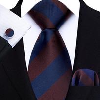 Vyriškas 8 cm dryžuotas languotas kaklaraištis, nosinaitė ir sąsagų rinkinys black