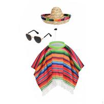 3 dalių Meksikos žąsies kostiumų rinkinys Šventinė išvaizda Pončas ir austas Sombrero skrybėlė Sodas beige