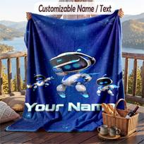 Astro Bot Flannel Blanket, Personalized Custom Name Text, Soft Warm Plush Throw Blanket For Gift 80cmx120cm blue