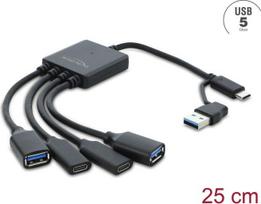 Delock 4 prievadų USB 5Gbps kabelio šakotuvas su USB Type-C™ arba USB Type-A kištuku į 2 x USB Type-A lizdą + 2 x USB Type-C™ lizdą - 25 cm (64375)