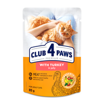 CLUB 4 PAWS PREMIUM "SU KALAKUTIENA DREBUČIUOSE". VISAVERTIS KONSERVUOTAS ĖDALAS SUAUGUSIOMS KATĖMS 85g.