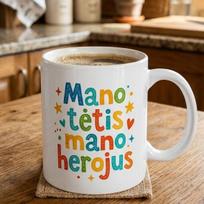 Puodelis tėčiui su spauda „Mano tėtis – mano herojus"