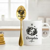 Dovana su zodiako ženklu Žuvys – puodelis ir šaukštelis su vardu