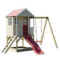 Medinė vaikų žaidimų aikštelė su čiuožykla ir sūpynėmis, Wendi Toys M10R Nordic Adventure, raudona, 290 x 350 x 242 cm