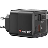 Verbatim GaN charger 65W, 1x USB-A, 2x USB-C, retractable cable (black, PD 3.0, QC 3.0)