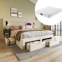 Pilnas miegamojo komplektas 160x200 cm, polsteriuota lova, 2 naktiniai stalai, 4 stalčiai, LED, USB, beige, su čiužiniu