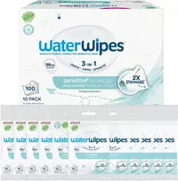 WATERWIPES SENSITIVE+ ON THE GO DRĖGNOS SERVETĖLĖS 10 PAKUOČIŲ PO 10 VNT. (100 VNT.) 3-IN-1