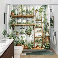 Indoor Garden Shower Curtain Plant Shelves Ladder Design Greenery Wall Artistic Print Waterproof Bath Decor W180H190(CM)-1 Pcs gray