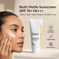 Buttr Matte Sunscreen SPF 75+ PA+++ | Water-Based Broad Spectrum Sunscreen for Oily, Combination & Normal Skin | Lightweight, Non-Greasy, No White beige