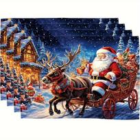 4-Piece Santa's Sleigh Placemat Set with Snowy Town Print Holiday Party Decor for Family Christmas Dinners 4PCS gray