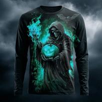 Men's Long Sleeve T-Shirt 3D Print Grim Reaper Pumpkin Bat Flame Halloween Gothic Crew Neck Casual Tops 5XL black