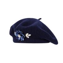 Solid Color Wool Beret Floral Rhinestone Beret Hat Elegant French Style Painter Cap  Women tamsiai mėlyna spalva