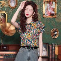 summer Hong Kong style floral print youthful top shirt with a design sense versatile and stylish blouse S smėlis