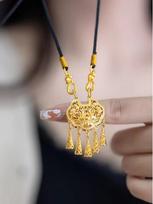 Vintage Lotus Rhinestone Tassel Necklace with Longevity Lock in Imitation Gold gray