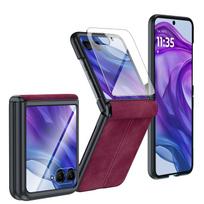 for Motorola Razr Ultra 2024 Case/Razr 50 Ultra Case,Built-in Screen Protector & Hinge Protection & Ultra Thin PU Leather Matte PC Phone Case-Brown black