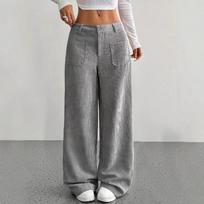 High Waisted Corduroy Wide Leg Pants with Pockets S gray