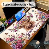 Highland Cow Theme Personalized Mouse Pad Custom Name Text Non Slip Desk Pad For Laptop Office Desktop 30cmx60cm