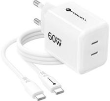 Forcell F-Energy GaN III Crystal Color VT-60 60W PD QC 4.0 2x USB-C sieninis įkroviklis, baltas + kabelis