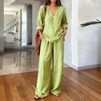Women's V-neck Linen Texture Two-piece Set with Wide-leg Pants L žalia