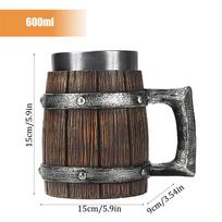 Vikingų medžio stiliaus alaus puodelis, medinio statinės imitacija, alaus puodelis, dvigubos sienelės gėrimo puodelis, metalinis izoliuotas, baro gėrimas 600ml black