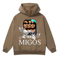 Migos group new heavy terry heavy hooded sweater men's and women's tops retro washed hoodie XXL brown