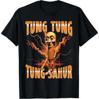 Surreal Italian Brainrot Meme Tung Tung Tung Sahur Cotton T-Shirt Graphic Outfit XL black