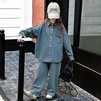 Girls' Rhinestone Denim Set: Stylish Shirt & Wide-Leg Pants for Spring & Autumn (2026) 130 cm gray