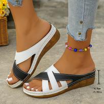 New Women's One-Strap Sandals Versatile Color-Block Fish-Mouth Thick-Soled Wedge Slippers 43 juoda