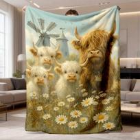1pc Highland Cow Family Design Flannel Blanket | Soft Polyester, All-Season Cozy Throw for Bed, Couch, Camping, Travel, Plush Warmth, Ideal Gift for F 75X95CM beige