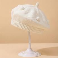Warm Soft Knitted Stretchy Breathable Baby Beret Hat with Pom Poms Infant Toddler Boys Girls Winter Beanie Hat beige