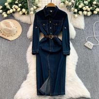 Hong Kong style star temperament single-breasted lapel denim dress women's autumn strap waist split long dress M gray