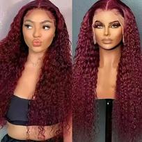 Lace Front Wig With Tight Curls Full Cap Synthetic Hairpiece Women Natural Look Long Curly 20in vyno raudonos spalvos
