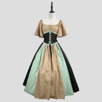 Viduramžių Retro Spalvų Bloko Off-Shoulder Slim Fit Suknelė su Skraidančiomis Rankovėmis ir Plačiu Sijonu - Moteriškas Cosplay Kostiumas 4XL šviesiai žalios spalvos/smėlis