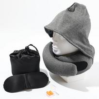 Hooded Memory Foam Travel Neck Pillow - Portable U-Shaped Design Single Neck Pillow gray