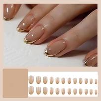 Glossy Nude French Tip Press-On Nails with Gold Edge – Reusable Fake Nails for Women, Medium Almond Shape, Full Cover Artificial Nails, Salon Fini gray