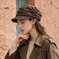 Retro stack hat women's new lazy short-brimmed newsboy hat big head circumference showing face small bag head hat cold hat regular autumn and winter style black