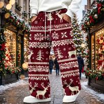 Men's Corduroy Pants Loose Fit Straight Leg Elastic Waist Casual Christmas Print L raudona