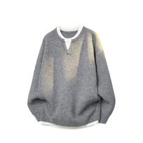 Men's Winter Knit Two-Piece Pullover: Lazy Style Loose Cardigan with Round Neck Base Layer Shirt M šviesiai pilka spalva