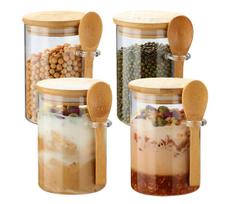 4-Pack 17 oz Overnight Oats Glass Jars with Bamboo Lids Hanging Spoons Included: Borosilicate Meal Prep Containers for Loose Tea Snacks Refrigerator brown