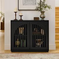Mid-Century Modern Sideboard with Fluted Fronts and 2 Outlet Openings, Narrow Side Cabinet for Living Room, Hallway, Kitchen or Coffee Bar, Black 99.06 x 23.5 x 82.5 cm juoda