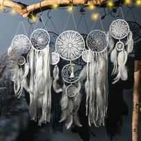 5 didelių sapnų gaudyklių komplektas miegamajam, suaugusiųjų boho stiliaus sapnų gaudyklės, sienų dekoras, pakabinamas ornamentas paauglių bendrabučio kambario dekorui, festivalio dovana balta
