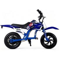 Visureigis elektrinis vaikiškas motociklas – 50 kg apkrova, didžiausias greitis 16 km/h, dviguba pakaba, 12 km nuotolis, dvigubi diskiniai stabdžiai mėlyna