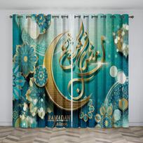 Prabangūs musulmoniški Eid Mubarak namų dekoravimo saulės užuolaidos 2 panelės Islamo Ramadano šventės svetainės miegamojo dekoravimo užuolaidos 50W130H(CM)x2&Grommet Top blue