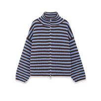 Spring  Women's Loose Lazy Sweater Cardigan Flared Lapel Long Sleeve Double Chain Stripe Knit Coat S mėlyna