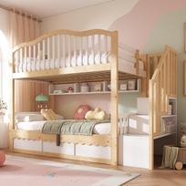 Bunk Bed 90x200 with Hydraulic Storage - Safety Stairs & Shelf, Fall Protection, EN 747-1:2024 Certified, White & Oak, 252x98x170cm 252 x 98 x 170 cm